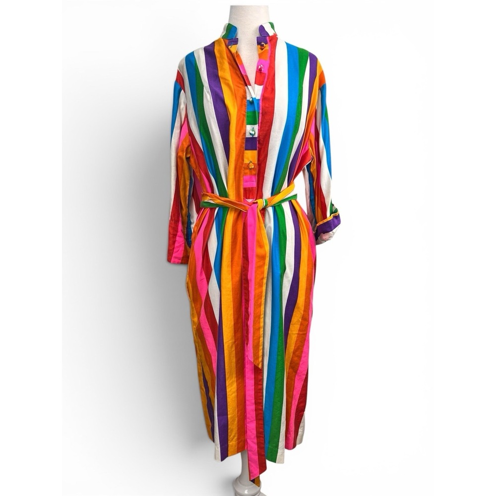 Catherine Ogust Penthouse Gallery 70s Rainbow Cotton Shirt Dress Large Kaftan